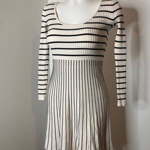 Guess Ribbed Knit Striped Long Sleeve Dress in Black and Cream